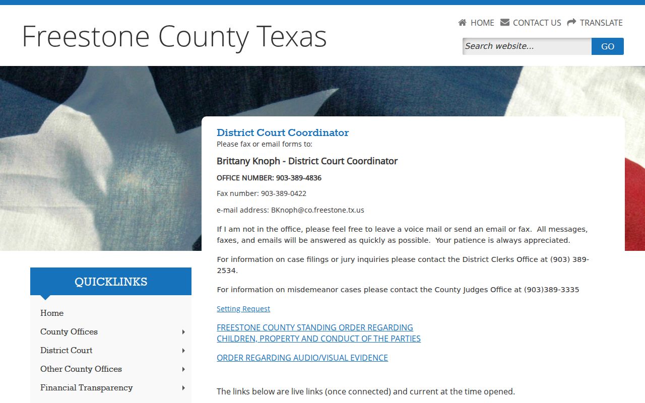 Freestone County court schedule coordinator calendar links