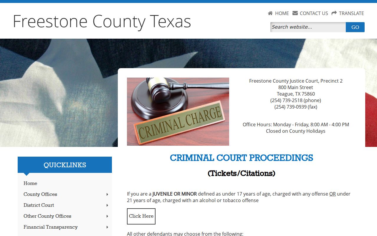 Freestone County criminal court docket JP2 citation instructions