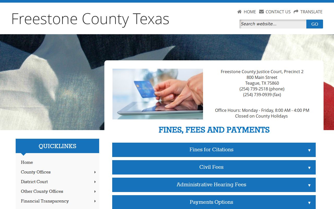 Freestone County JP2 official fee and payment instructions