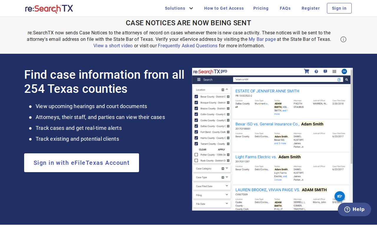 Official re:SearchTX statewide court-record search landing page